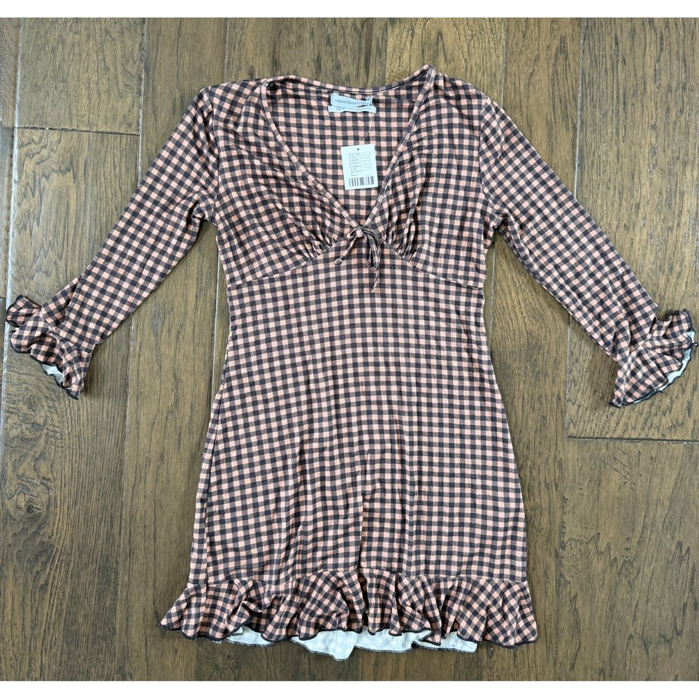 NWT Urban Outfitters Gingham Long Sleeve Dress Size Small Boho Neutral